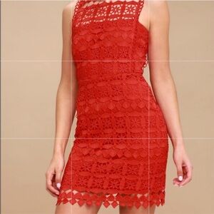 LULUS Red Orange Crochet Mini Cocktail Dress Sz M